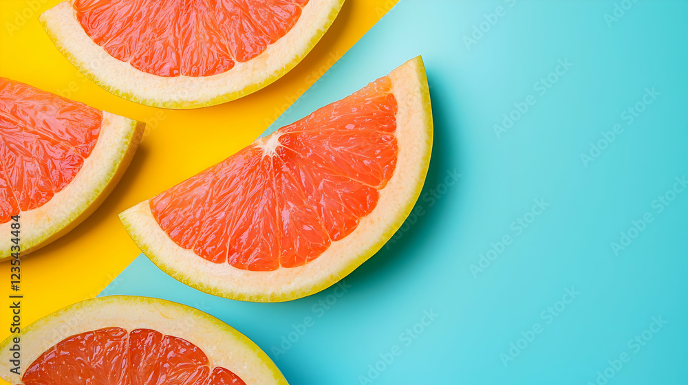 Colorful grapefruit slices arranged on a vibrant background, highlighting freshness Colorful grapefruit slices arranged on a vibrant background, highlighting freshness