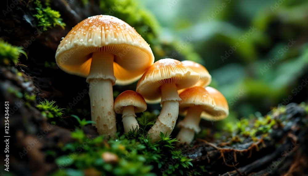 Closeup of light orange mushrooms on a mossy log, symbolizing nature's resilience, growth, suitable for nature magazines, educational content, and fantasy-themed projects Closeup of light orange mushrooms on a mossy log, symbolizing nature's resilience, growth, suitable for nature magazines, educational content, and fantasy-themed projects