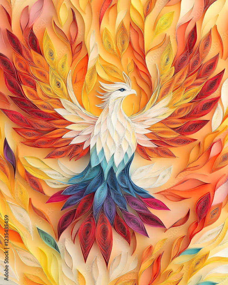 Obraz premium crafted colorful paper quilling techniques textured layers Vibrant phoenix rising from colorful flames.