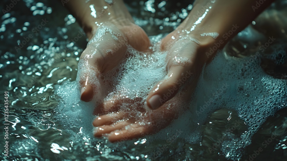 Fototapeta premium Hands cupping water and bubbles a serene moment