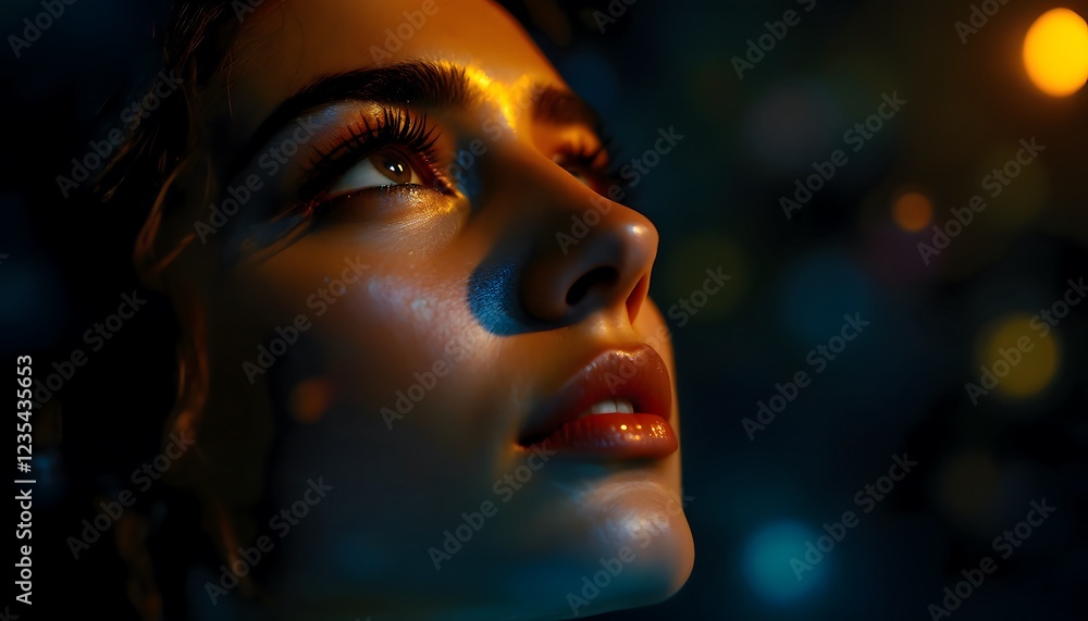 Close-up of a woman's face with glowing skin looking upwards - hope and aspiration - ideal for beauty ads, inspirational content, or social media posts Close-up of a woman's face with glowing skin looking upwards - hope and aspiration - ideal for beauty ads, inspirational content, or social media posts