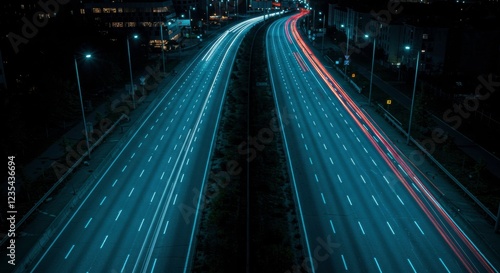 Night Highway: A mesmerizing aerial view of a major highway at night, with light trails streaking across the asphalt, creating dynamic streaks of cyan and red light. photo