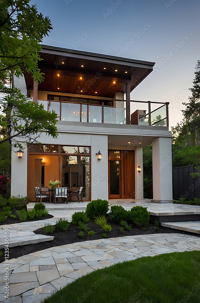 Obraz premium Luxury Modern Two-Story Home with Stunning Exterior Design. Contemporary architecture, landscaping, and elegant pathway. Ideal for real estate listings and architectural showcases.