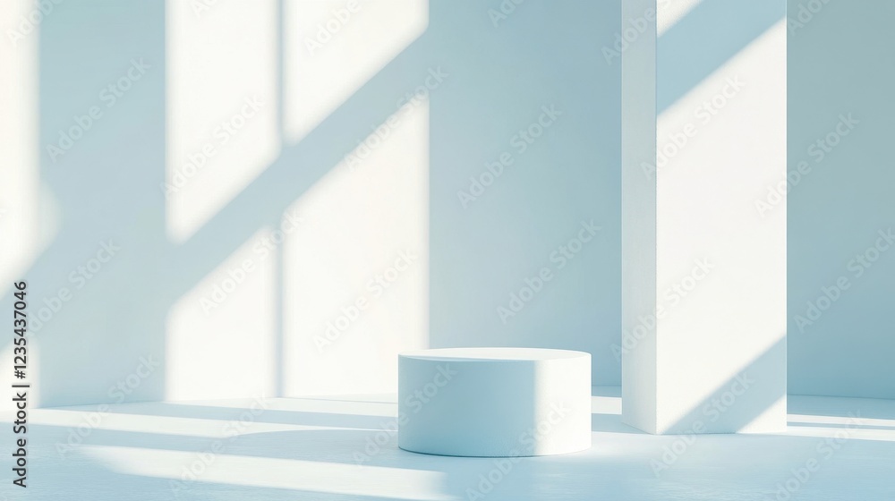 Fototapeta premium Minimalist white cylinder platform sunlit room