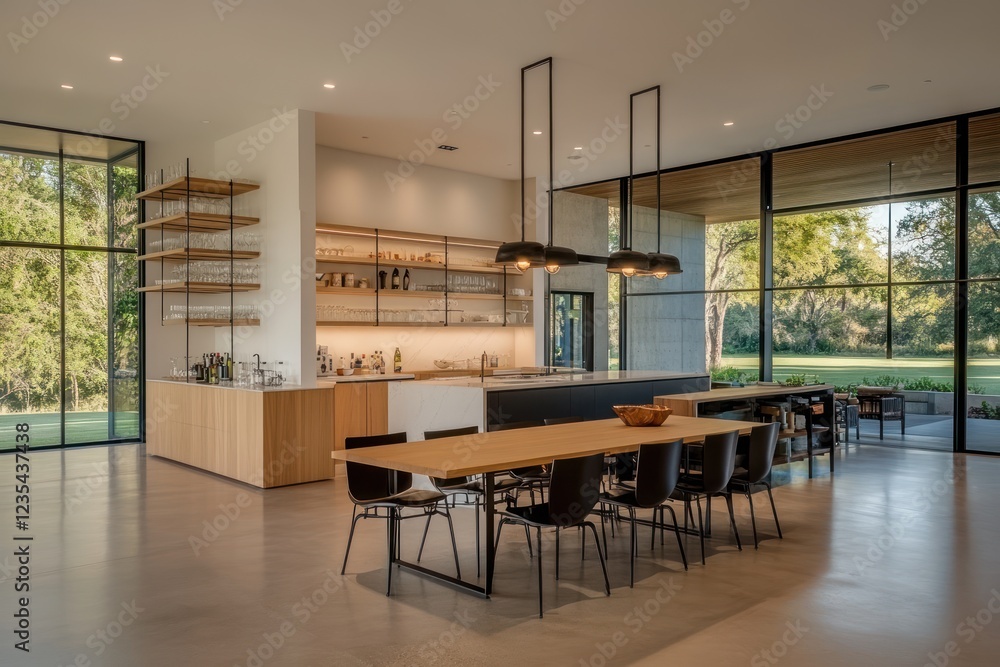 Fototapeta premium Modern kitchen, dining area, large windows, rural view, home design