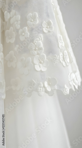 Elegant White Floral Lace Fabric - Detailed Illustration of 3D Embroidered Flowers on Tulle
