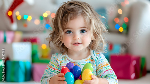 Toddler girl holding colorful eggs, Christmas lights background, holiday season