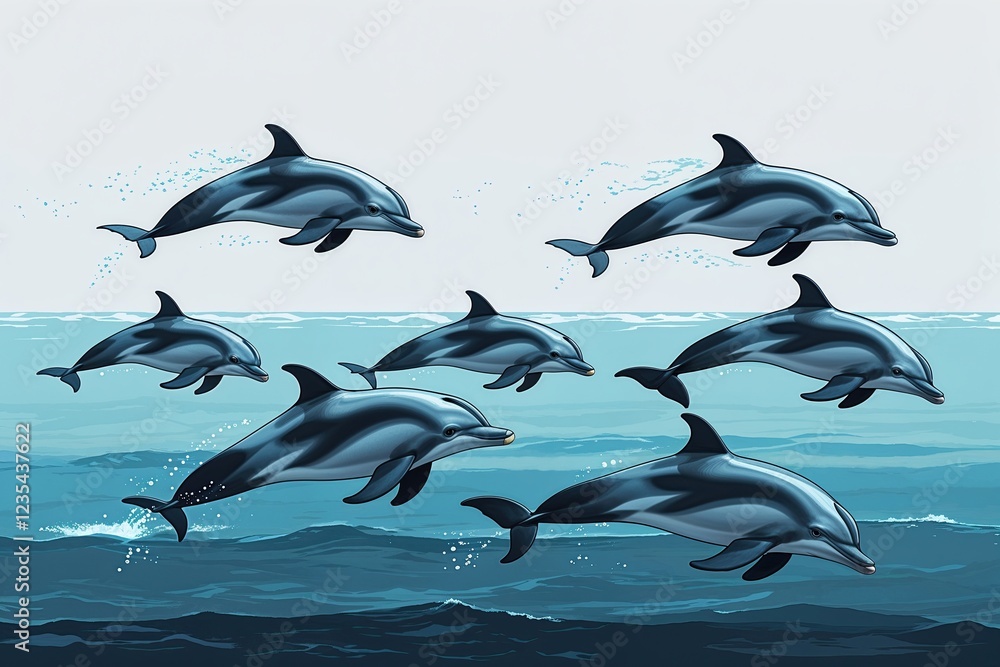 Fototapeta premium Dolphins Swimming in Ocean Marine Wildlife Illustration