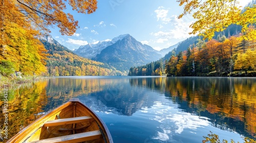 Autumnal lake, mountains, boat, tranquil scene, travel postcard