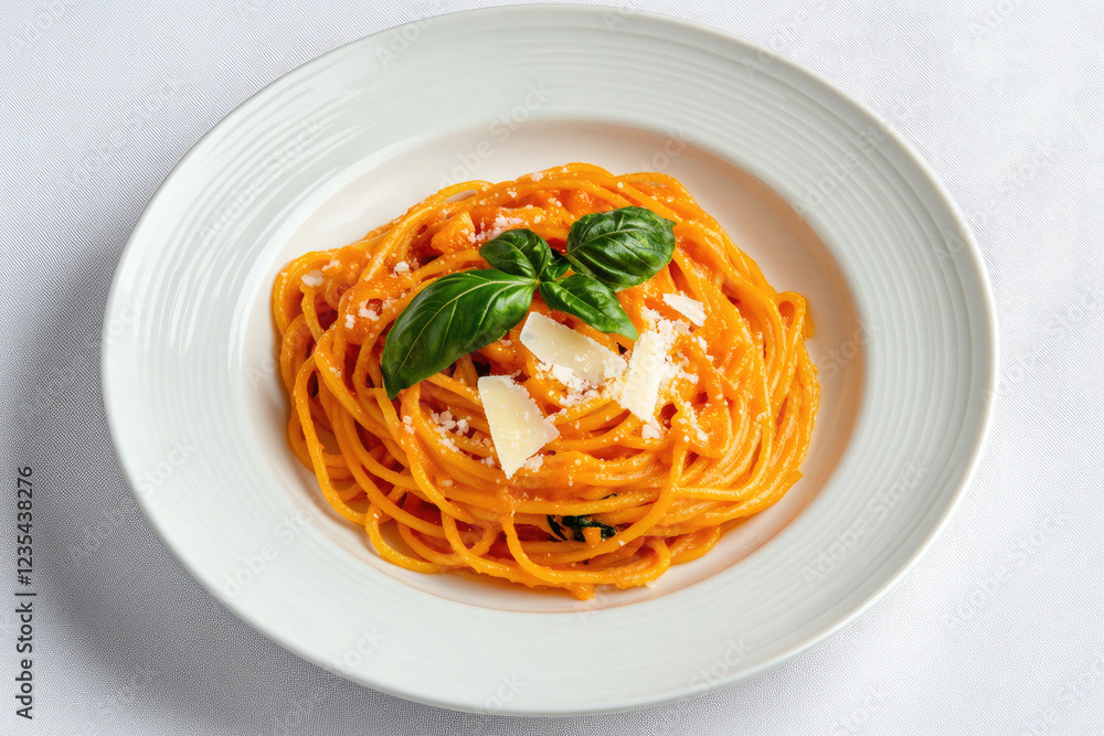 Autumn Spaghetti with Pumpkin and Meat Sauce on a Light Background Autumn Spaghetti with Pumpkin and Meat Sauce on a Light Background
