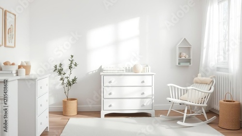 Bright and airy baby room with white furniture, including a crib, dresser, and rocking chair, decorated with soft pastel accents, cozy, dresser, minimalist