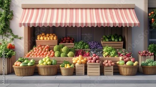 Fresh Produce Displayed in Colorful Baskets at a Market Stall Under a Striped Awning