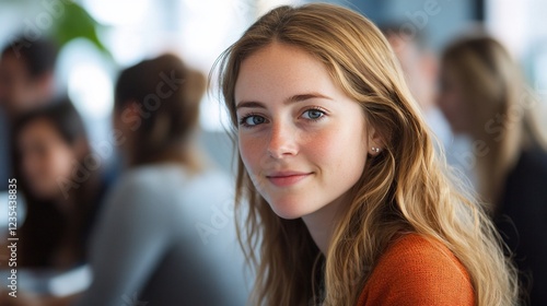 Wallpaper Mural Portrait of a Young Woman with Freckles in a Busy Meeting Environment Torontodigital.ca