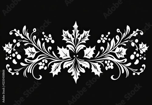 A black and white floral design with white leaves and berries