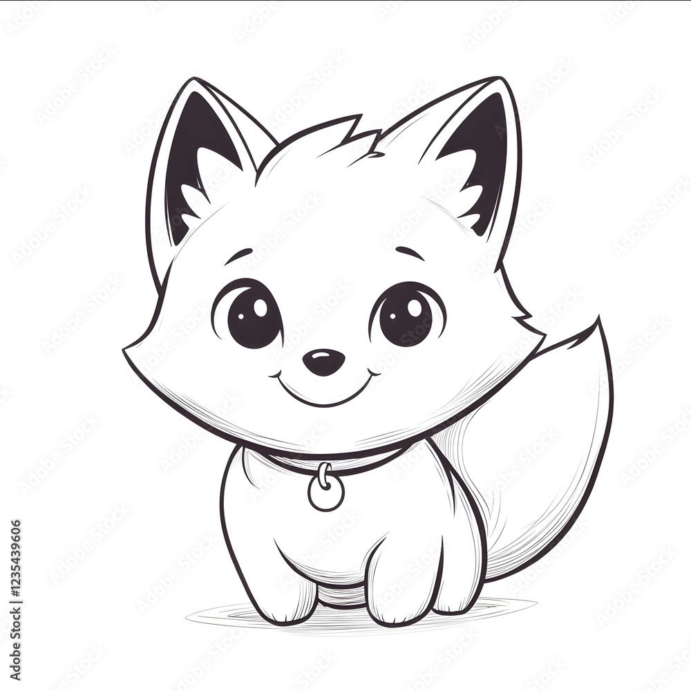 Adorable cartoon fox in a minimalist style drawn with clean black lines on a white background The fox has a round face pointy ears a fluffy tail and a small collar wit Adorable cartoon fox in a minimalist style drawn with clean black lines on a white background The fox has a round face pointy ears a fluffy tail and a small collar wit