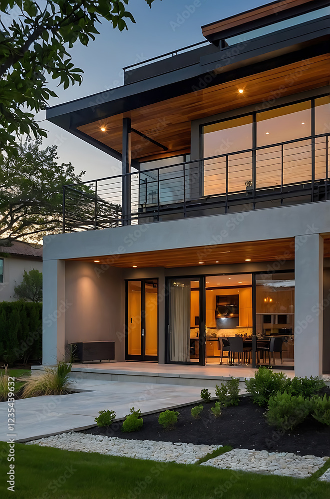 Obraz premium Luxury Modern House Exterior at Night. Contemporary Home Design, Real Estate, Residential Architecture, Villa, Property, Garden, and Landscape