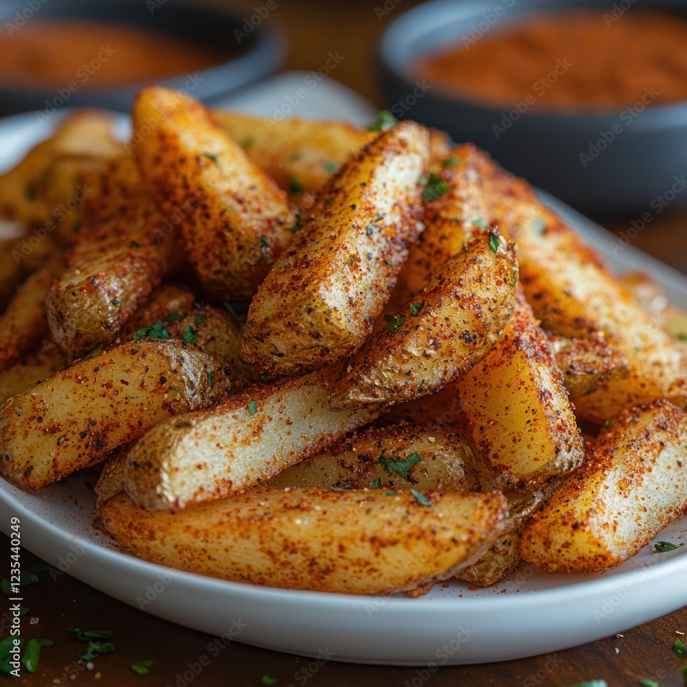 a serving of home made fries garnished with chopped herbs a serving of home made fries garnished with chopped herbs