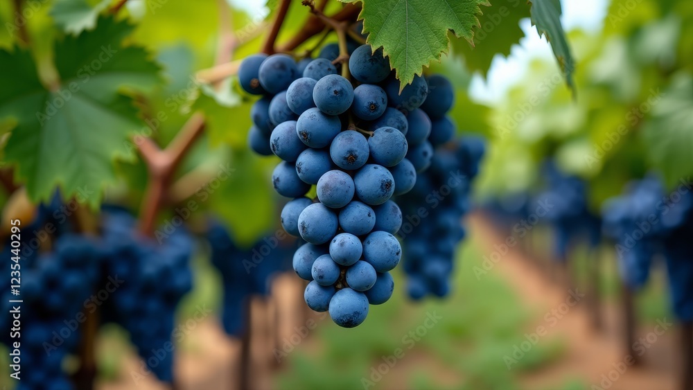 Fototapeta premium A cluster of dark blue grapes with green leaves