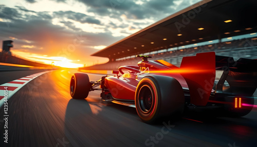 Formula 1 race car, sunset on track, dramatic lighting, high-performance tires, aerodynamic design, pit lane, dynamic angle, motion blur, vibrant orange glow, sleek bodywork, competitive motorsport, g