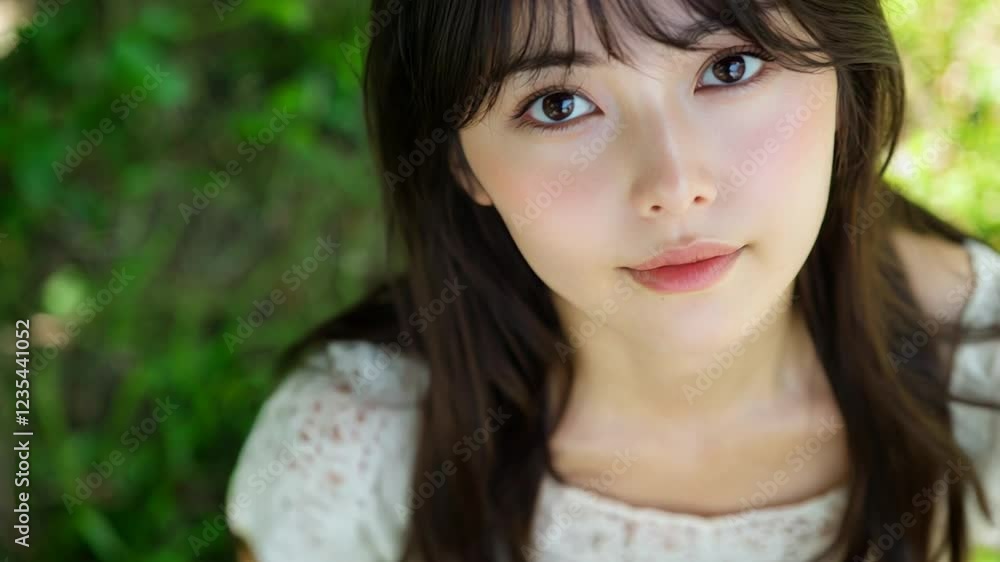 上を見上げる日本人の若い女性 上を見上げる日本人の若い女性