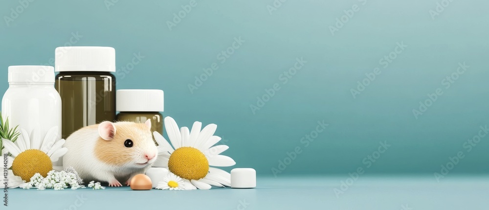 A cute guinea pig surrounded by jars and daisies, creating a tranquil and playful scene. A cute guinea pig surrounded by jars and daisies, creating a tranquil and playful scene.