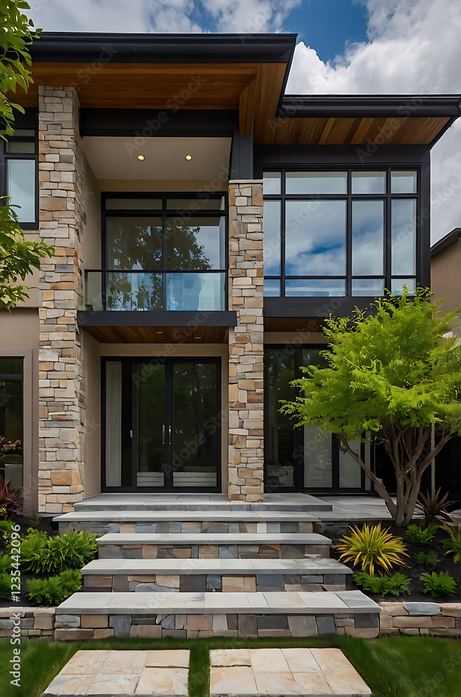 Obraz premium Modern Stone House Exterior: Contemporary Architecture Design and Landscaping