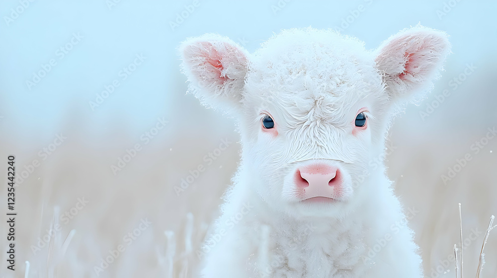 Fototapeta premium Fluffy white calf standing in a frosty winter field during a cold overcast day.