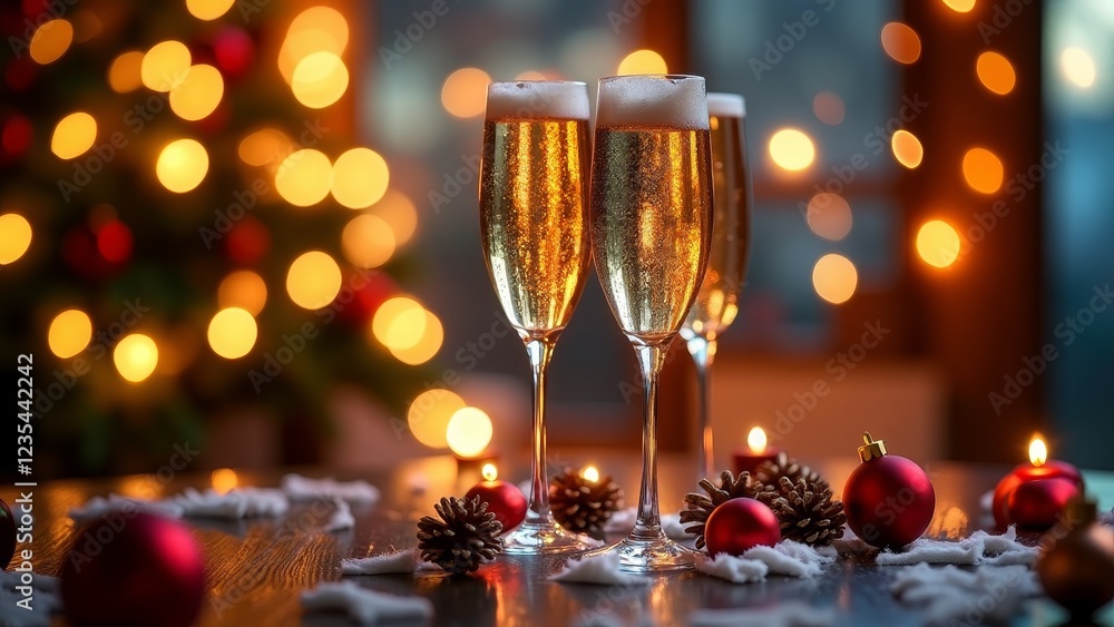 A festive scene featuring two champagne flutes, surrounded by Christmas decorations and lights A festive scene featuring two champagne flutes, surrounded by Christmas decorations and lights