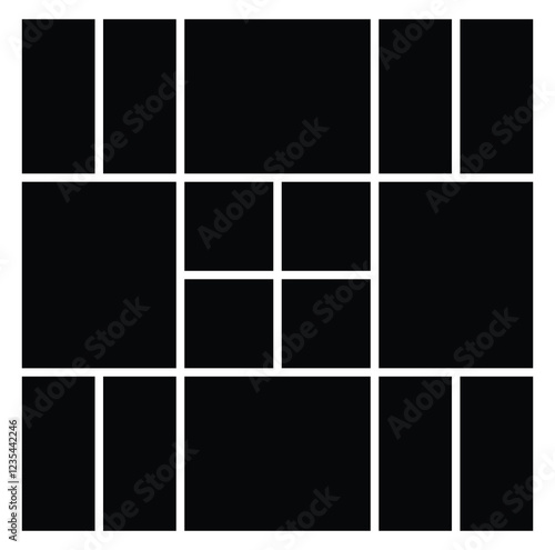 16 Collage empty photo frame mood board template. Picture mood board and portfolio presentation.  Grid mosaic texture pattern for poster, mockup, banner, photo wall template.