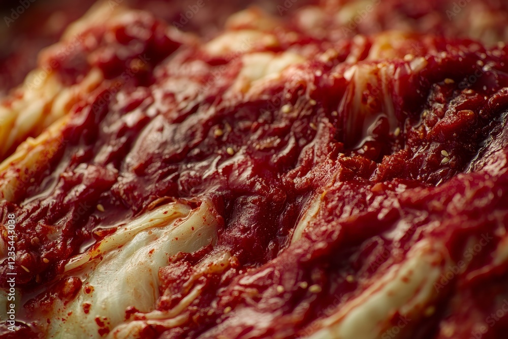 Obraz premium Spicy Kimchi Closeup, Fermented Cabbage, Red Sauce, Asian Food