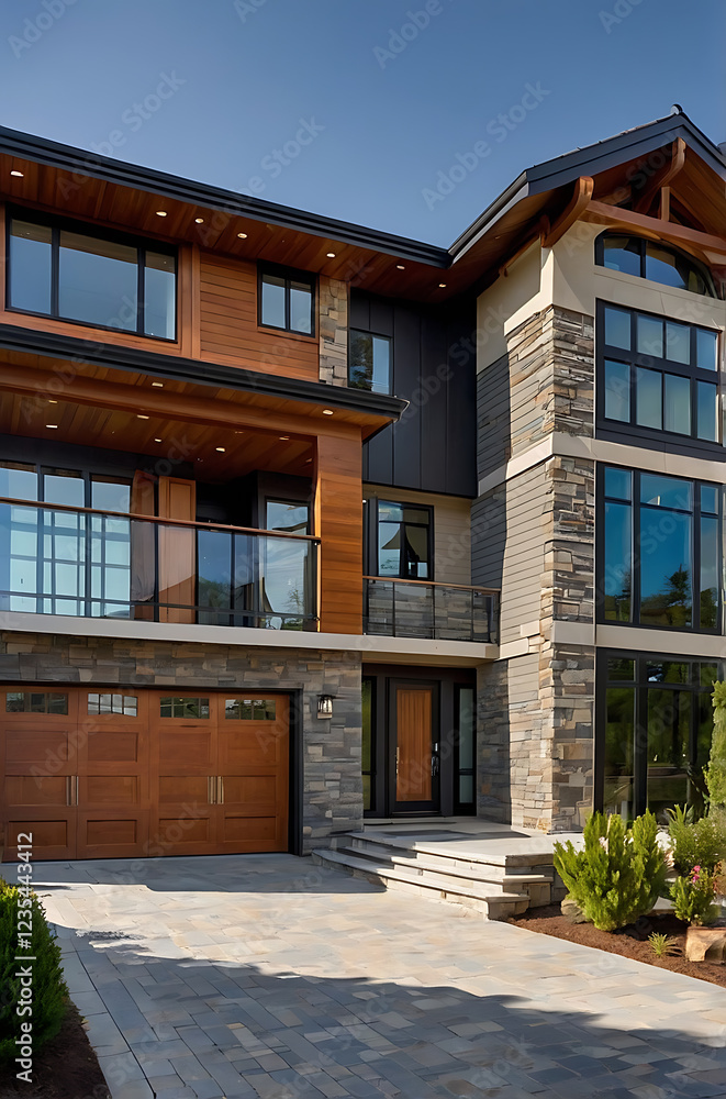 Fototapeta premium Luxury Modern House Exterior: Stone and Wood Design