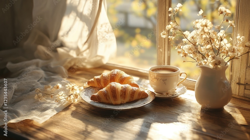 Naklejka premium A rustic morning scene with flaky croissants, hot coffee, and golden light streaming through a window, creating a warm atmosphere.