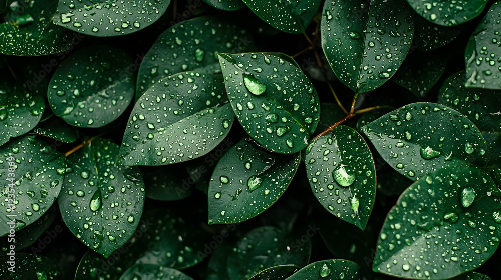 Fototapeta premium Close-up of lush green leaves with water droplets, showcasing nature's beauty
