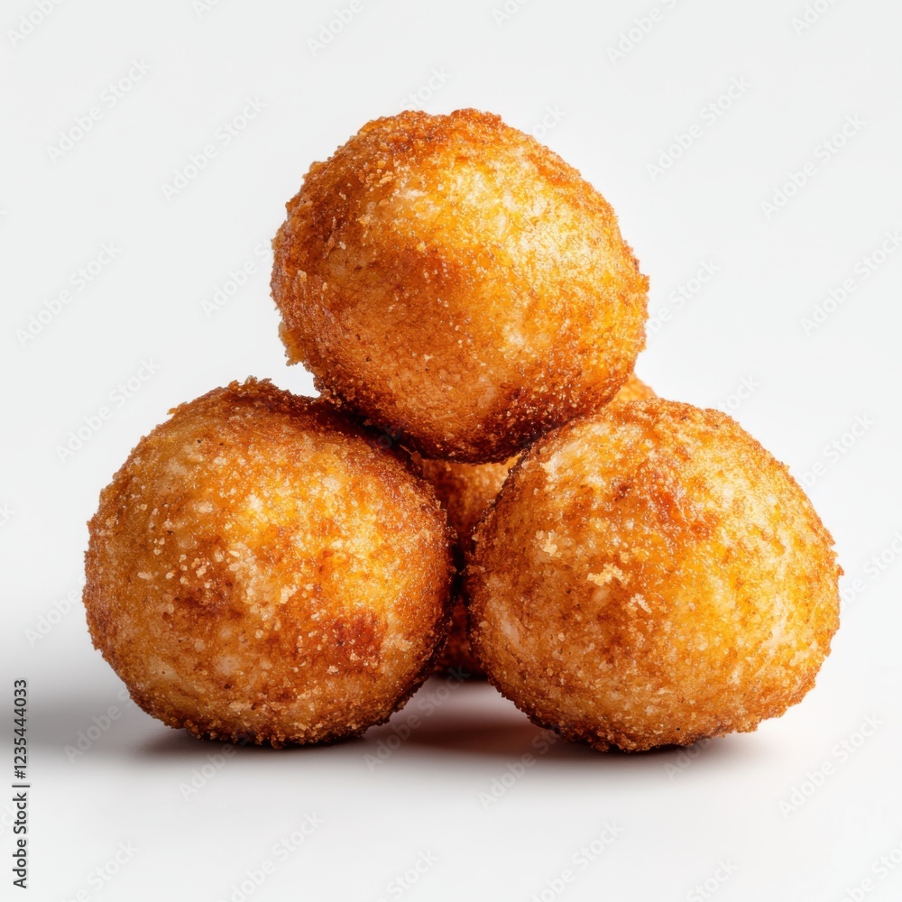 Crispy golden fried cheese balls stacked on a white background showcasing texture and deliciousness Crispy golden fried cheese balls stacked on a white background showcasing texture and deliciousness