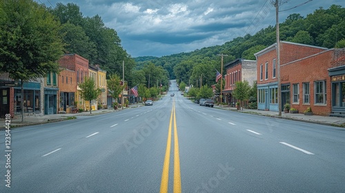 Tranquil Town Street Scene Under Cloudy Skies