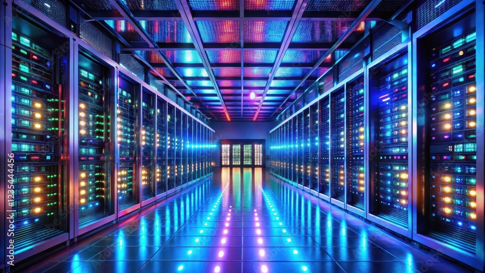 Futuristic server room with rows of glowing LED lights on server racks in a dimly lit environment, neon lights, computer hardware Futuristic server room with rows of glowing LED lights on server racks in a dimly lit environment, neon lights, computer hardware
