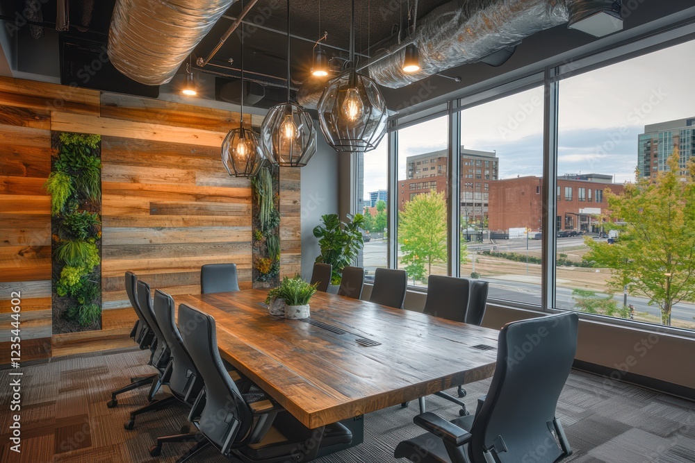 Fototapeta premium Modern office conference room, city view, wood wall, meeting