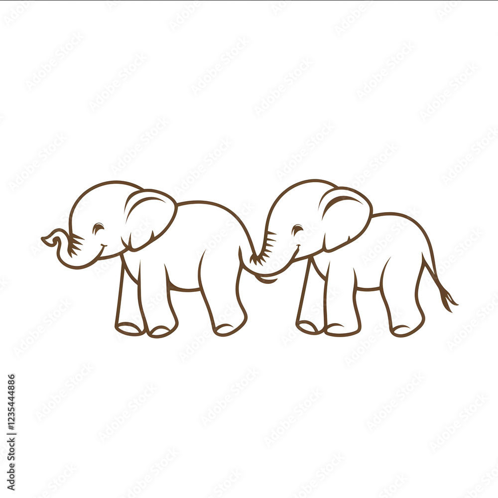 a simple outline of two baby elephants walking in line one holding the others tail White background only a simple outline of two baby elephants walking in line one holding the others tail White background only