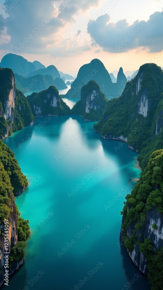 Obraz premium A serene and majestic natural wonder, characterized by towering karst formations and crystal-clear turquoise waters