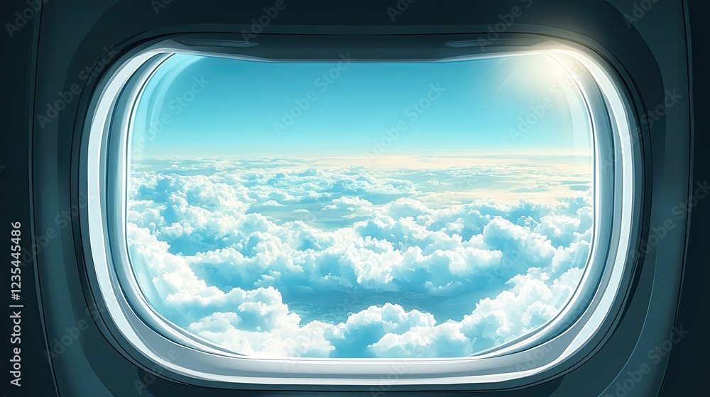 Aerial view from an airplane window, featuring a bright sunny sky, floating clouds, and a serene, boundless horizon. Aerial view from an airplane window, featuring a bright sunny sky, floating clouds, and a serene, boundless horizon.