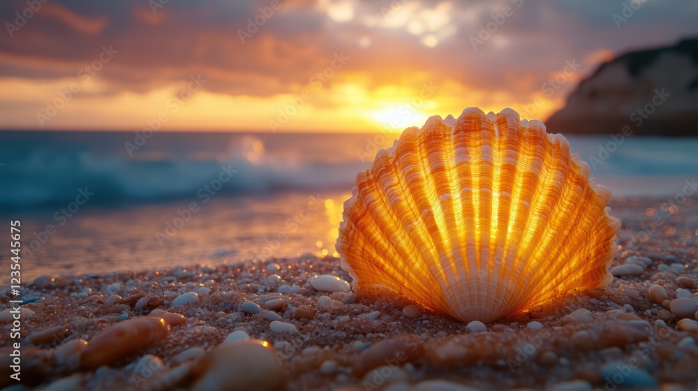 Seashell on a sandy beach with the ocean in the background and sunset light reflecting on the shell Seashell on a sandy beach with the ocean in the background and sunset light reflecting on the shell