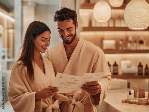 Smiling Couple in Spa Robes Reviewing a Treatment Menu. Relaxed couple in cozy spa robes smiling while reading a spa treatment menu in a serene, warmly lit spa setting.