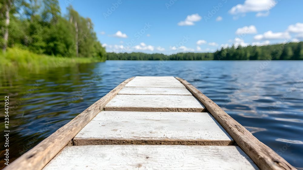 Obraz premium Wooden dock extends over calm lake; summer day, tranquil forest background; ideal for travel brochures