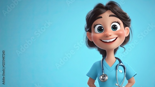 Cheerful nurse cartoon character, dressed in scrubs with a stethoscope, smiling brightly on a soft blue background.
