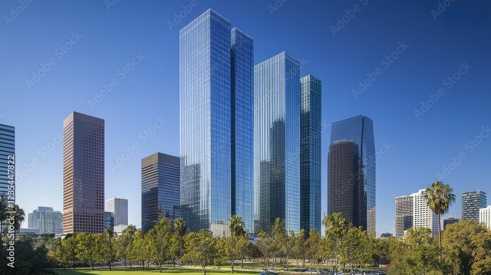 Fototapeta premium Contemporary urban skyline with reflective glass skyscrapers and sleek office buildings under a clear blue sky.