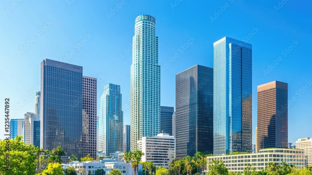 Obraz premium Contemporary urban skyline with reflective glass skyscrapers and sleek office buildings under a clear blue sky.