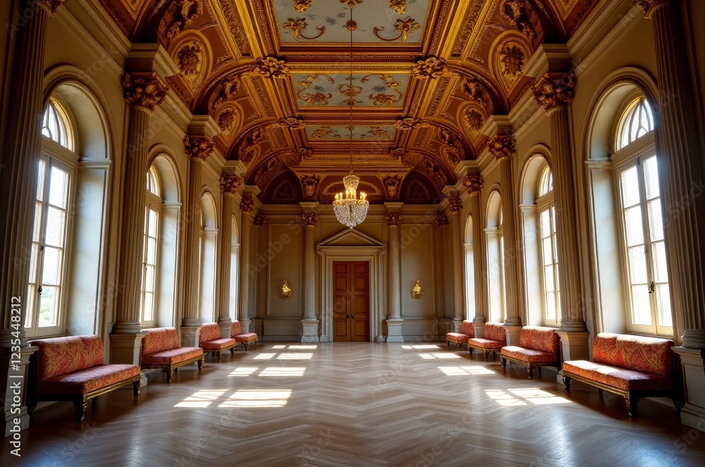 Obraz premium A grand, ornate room with a chandelier and red couches