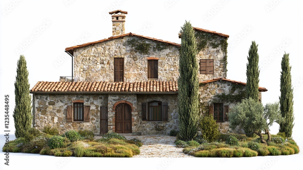 Fototapeta premium A charming stone house with terracotta roof and surrounded by lush greenery