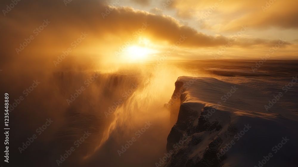 Fototapeta premium Dramatic sunset over snowy cliff, windswept landscape, winter scene, nature photography