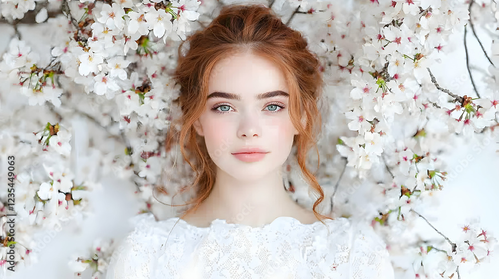 Redhead woman in white dress amidst cherry blossoms Redhead woman in white dress amidst cherry blossoms